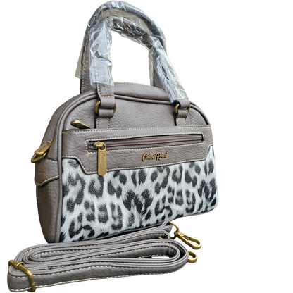 Cotton Road Handbag: GREY PU Leather Handbag with LEOPARD PRINT Panel