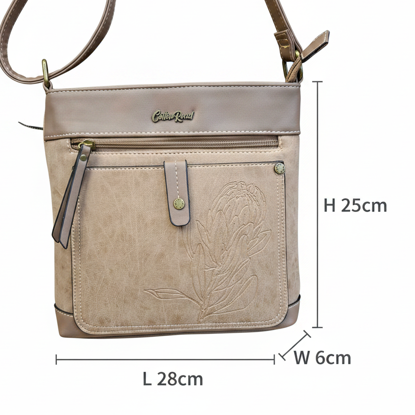 Cotton Road Sling Bag: KHAKI PU Leather with Embossed Protea
