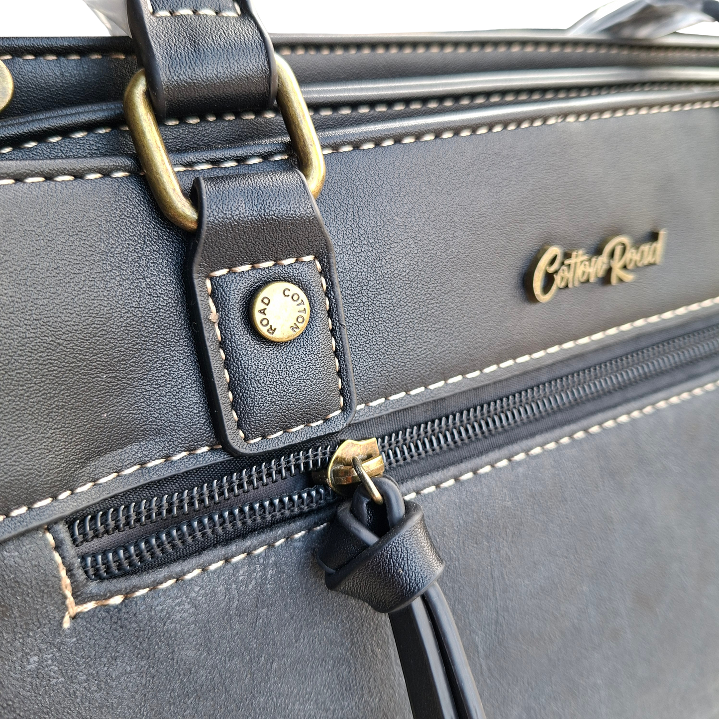 Cotton Road Handbag: BLACK PU Leather Double Compartment Handbag with EMBOSSED Protea