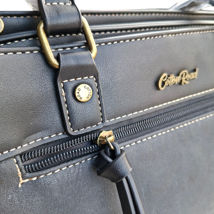 Cotton Road Handbag: BLACK PU Leather Double Compartment Handbag with EMBOSSED Protea