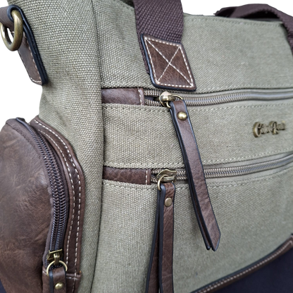 Cotton Road Handbag: GREEN Canvas & PU Leather Multi-pocket Shoulder Bag