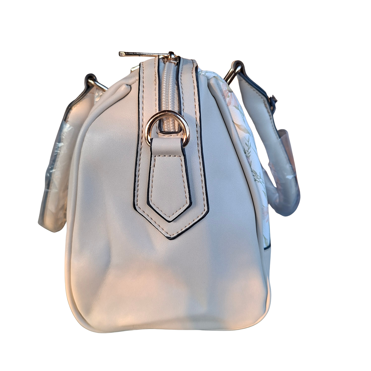 Cotton Road Handbag: IVORY PU Leather Barrel Handbag with FLORAL Panel
