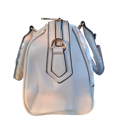 Cotton Road Handbag: IVORY PU Leather Barrel Handbag with FLORAL Panel