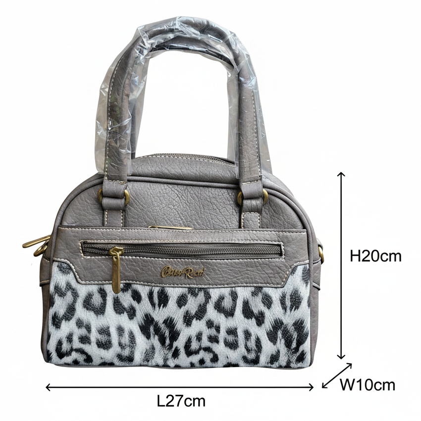 Cotton Road Handbag: GREY PU Leather Handbag with LEOPARD PRINT Panel