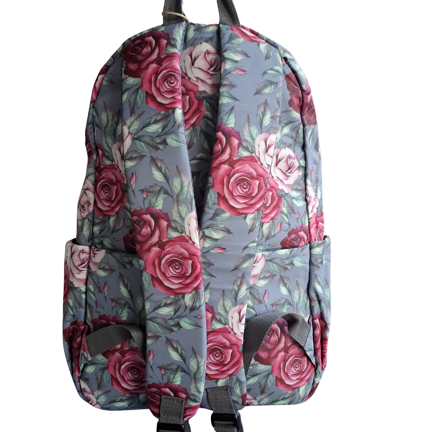 Cotton Road Backpack: GREY Canvas Laptop Backpack with Pink Roses