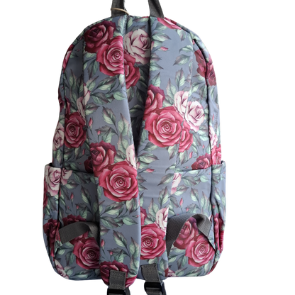 Cotton Road Backpack: GREY Canvas Laptop Backpack with Pink Roses
