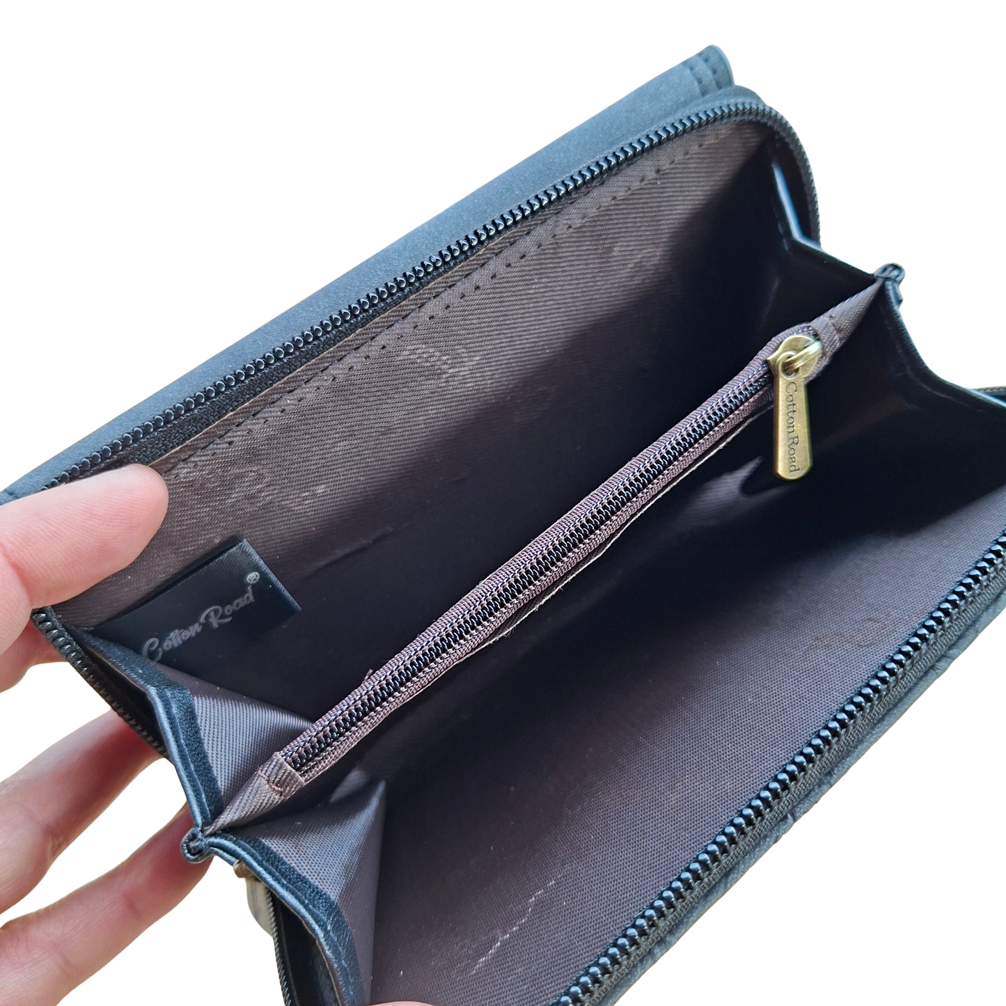 Cotton Road Wallet: Medium BLACK Suede-Style PU Leather with EMBOSSED Print