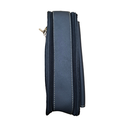 Cotton Road Sling Bag: GREY PU Leather Crossbody with Embossed Flowers and BRANDED STRAP TOP VIEW ZIPS CLOSED