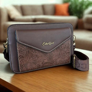 Cotton Road Sling Bag: COFFEE BROWN PU Leather Crossbody with Embossed Vine Pattern