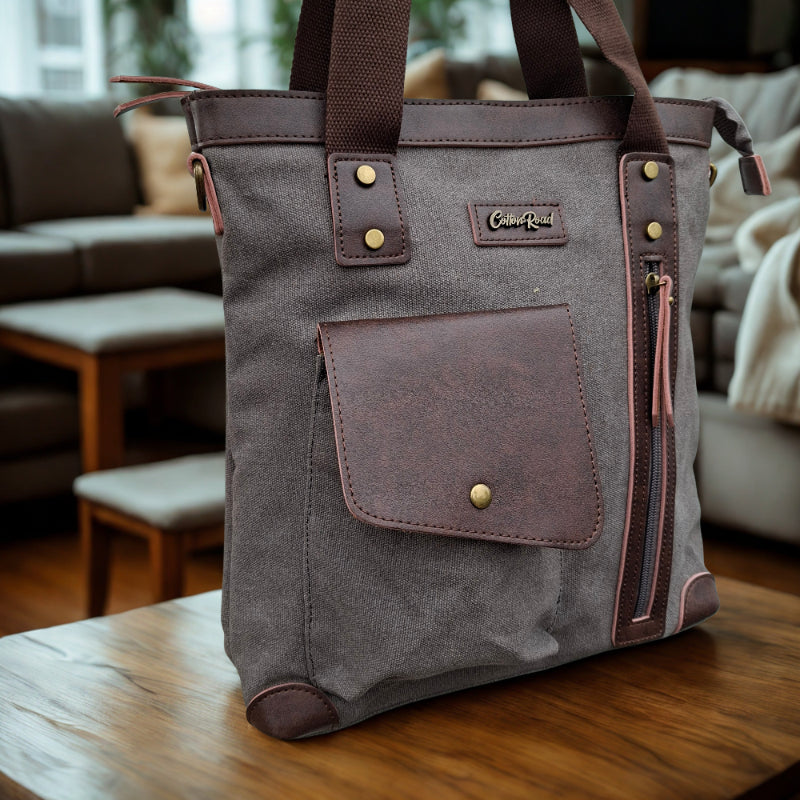 Cotton Road Messenger Tote Bag: GREY CANVAS with Leather Trim and Adjustable Sling
