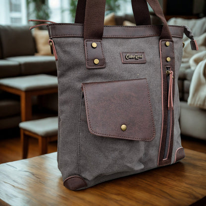 Cotton Road Messenger Tote Bag: GREY CANVAS with Leather Trim and Adjustable Sling