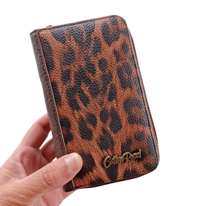 Cotton Road Wallet: Medium COFFEE BROWN PU Leather with LEOPARD Print