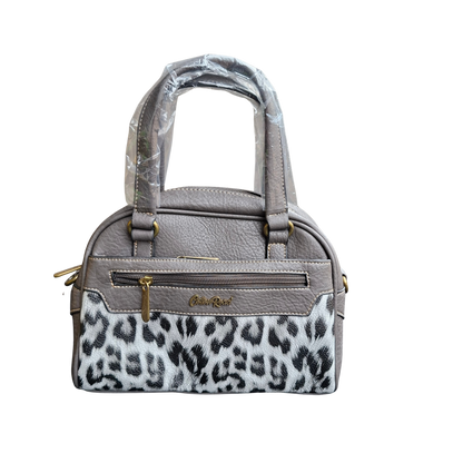 Cotton Road Handbag: GREY PU Leather Handbag with LEOPARD PRINT Panel