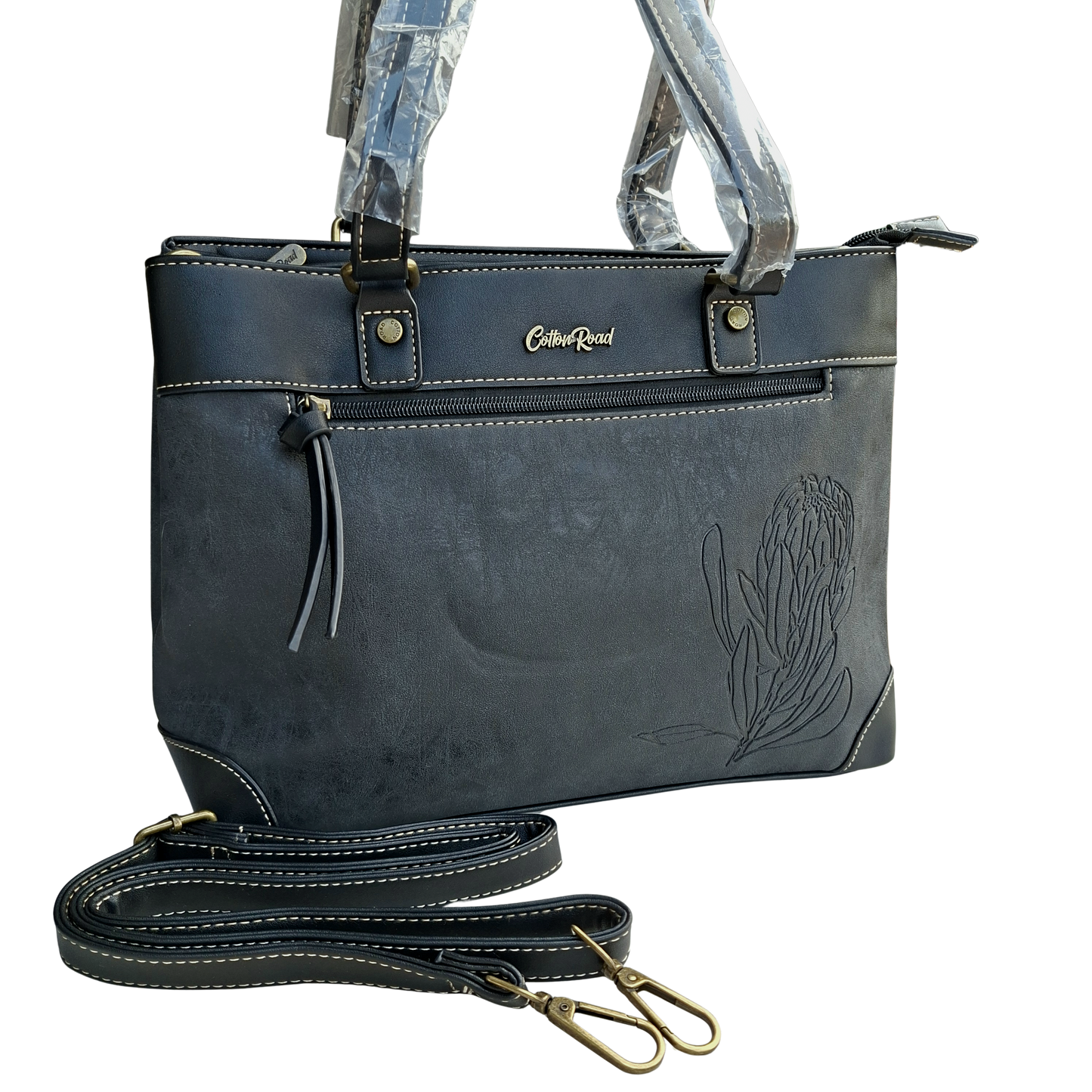 Cotton Road Handbag: BLACK PU Leather Double Compartment Handbag with EMBOSSED Protea