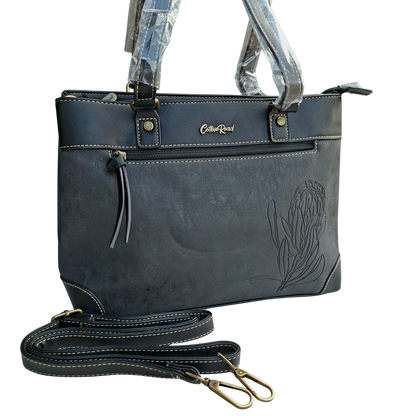 Cotton Road Handbag: BLACK PU Leather Double Compartment Handbag with EMBOSSED Protea