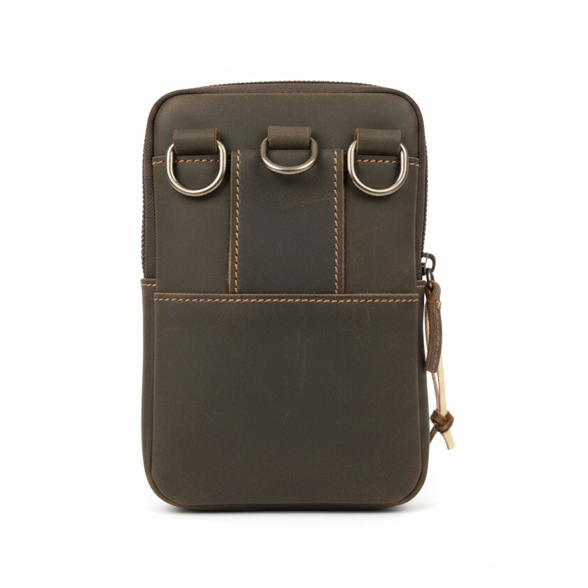 Vivace leather sling wallet –  crossbody bag rear view without a strap showing belt addition a white background