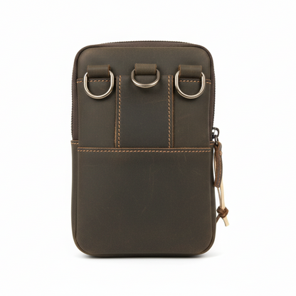 Vivace leather sling wallet –  crossbody bag rear view without a strap showing belt addition a white background