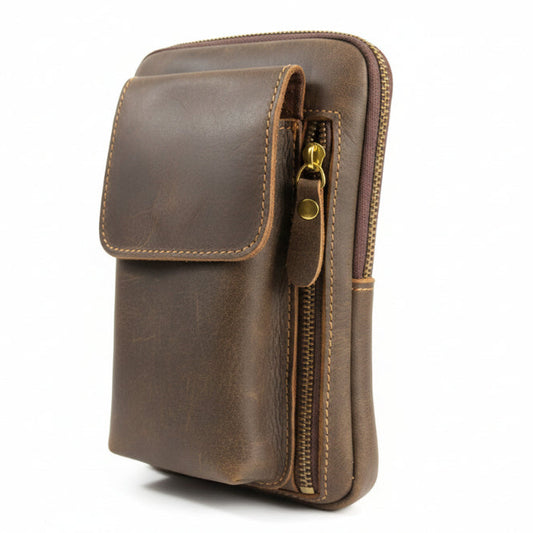 Vivace leather sling wallet –  crossbody bag front view with zips without a strap showing on a white background