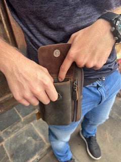  Vivace brown leather sling wallet front view - open view cellphone compartment.
