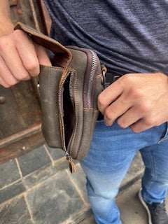 Vivace brown leather sling wallet front view worn on belt not sling