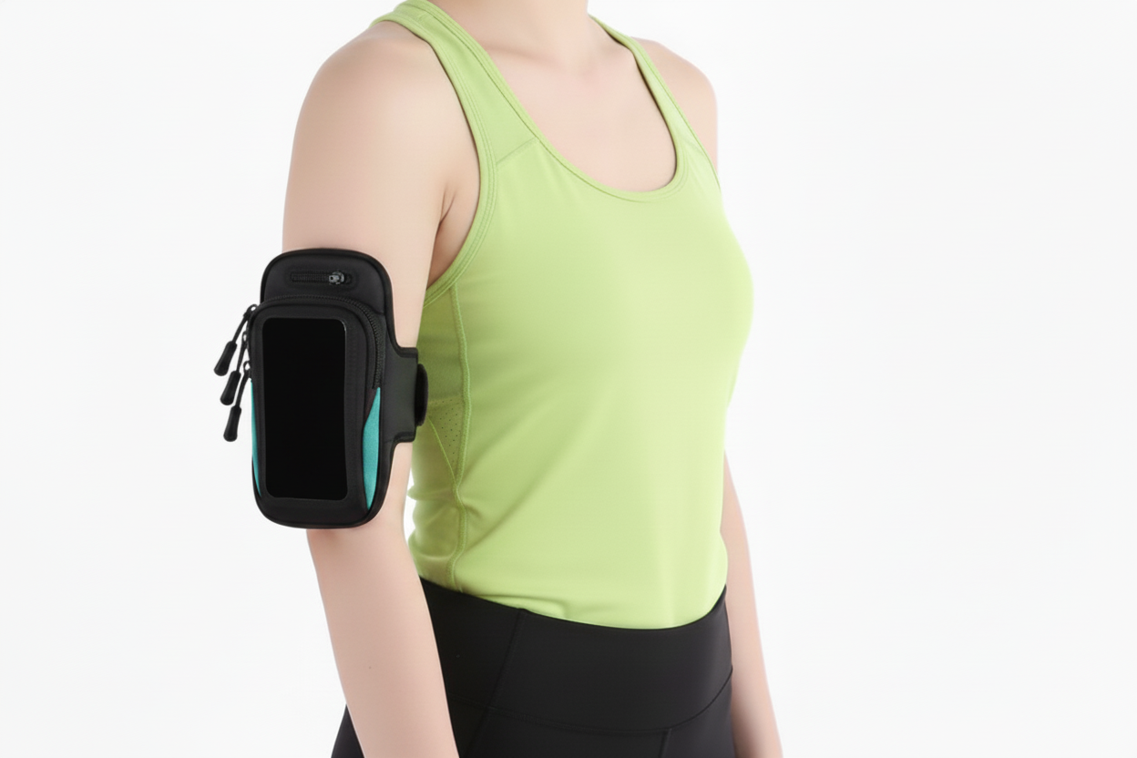 Sports armband wallet/phone holder is lightweight, breathable, adjustable Velcro armband front view with armband WORN BY A MODEL IN SPORTSWEAR