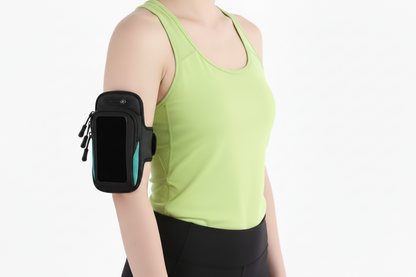 Sports armband wallet/phone holder is lightweight, breathable, adjustable Velcro armband front view with armband WORN BY A MODEL IN SPORTSWEAR