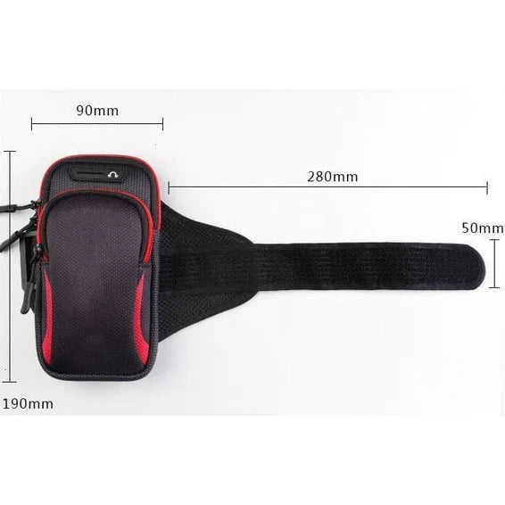 Sports armband wallet/phone holder is lightweight, breathable, adjustable Velcro armband front view with armband and dimensions on white background