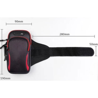 Sports armband wallet/phone holder is lightweight, breathable, adjustable Velcro armband front view with armband and dimensions on white background