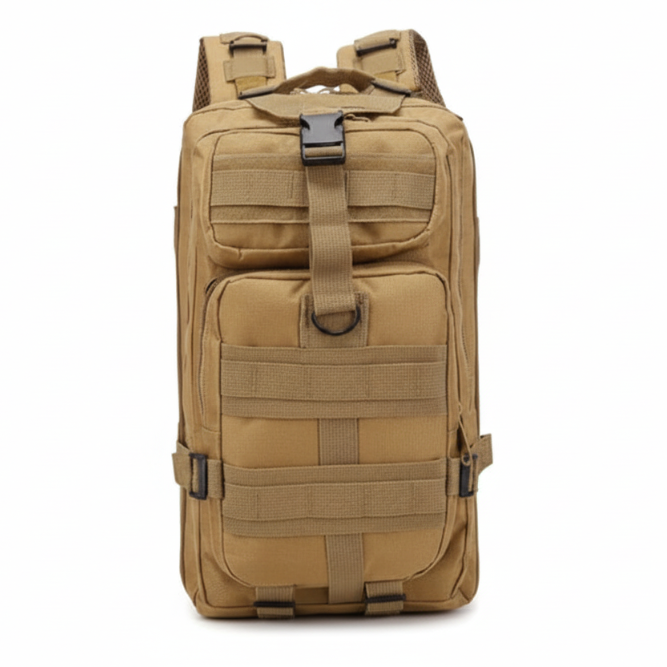 KHAKI Military Tactical Backpack front view on white background. 
