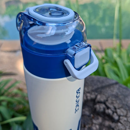Blue MVP Bounce thermal bottle showing slimline design and no spill press-botton safety lock, perfect for bags and backpacks