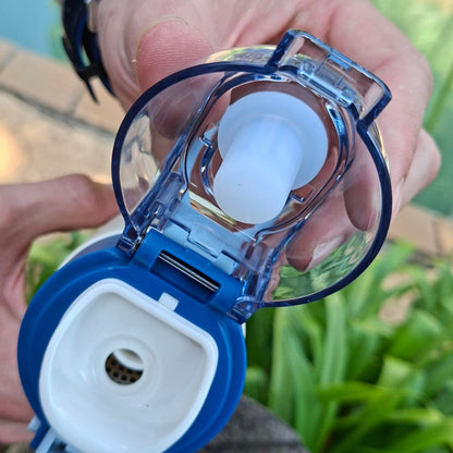 Blue thermal water bottle with flip-top lid and leakproof design, ideal for gym, school, work and outdoor activities