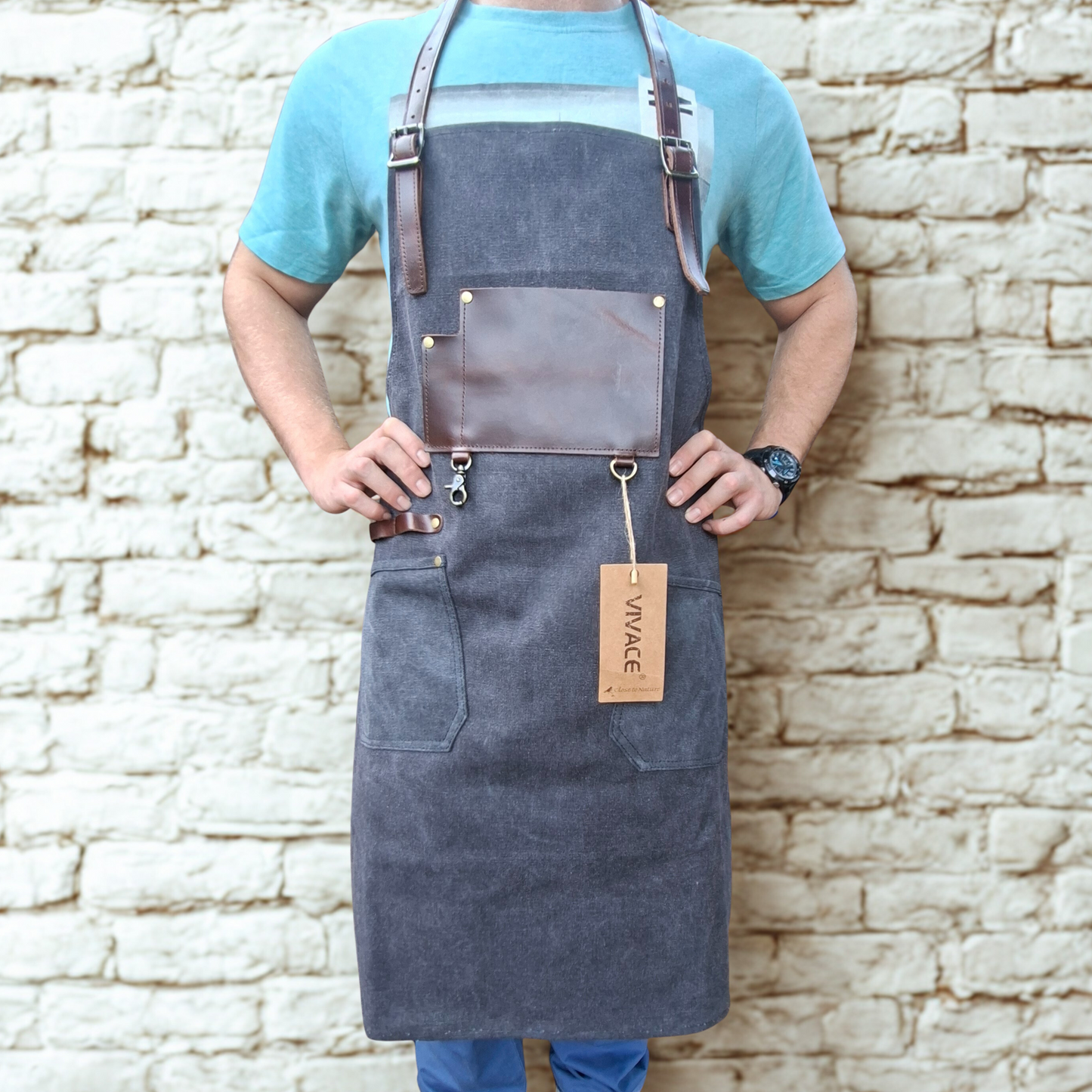Vivace style charcoal canvas apron worn view