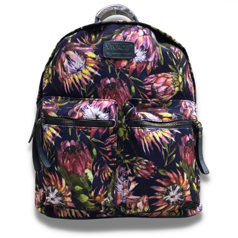 Vivace Backpack: Medium BLACK Canvas Backpack with Protea Detailing