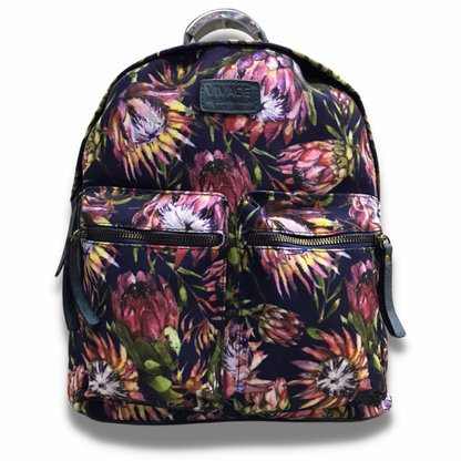 Vivace Backpack: Medium BLACK Canvas Backpack with Protea Detailing
