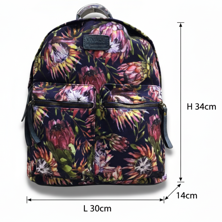Vivace Backpack: Medium BLACK Canvas Backpack with Protea Detailing