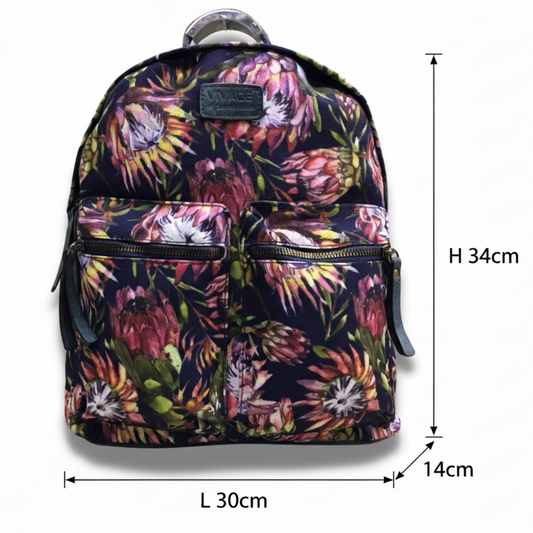 Vivace Backpack: Medium BLACK Canvas Backpack with Protea Detailing