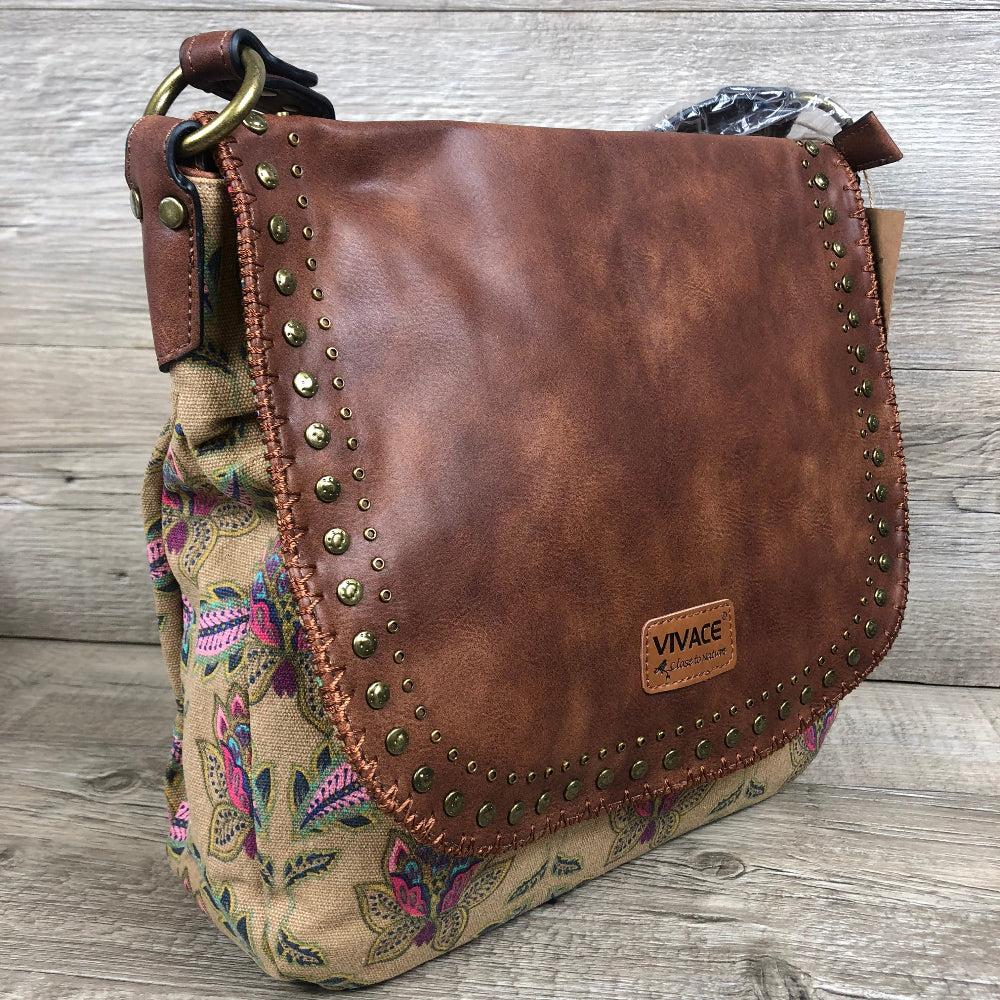 Vivace Canvas Handbag: BEIGE Multicolor Canvas Handbag with PU LEATHER Flap SIDE