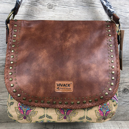 Vivace Canvas Handbag: BEIGE Multicolor Canvas Handbag with PU LEATHER Flap