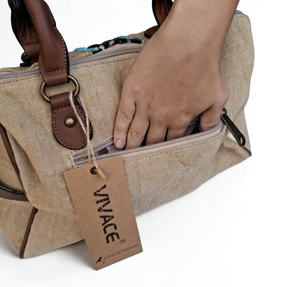 Vivace Handbag: KHAKI canvas handbag with BOHEMIAN ART and PU LEATHER DETAIL