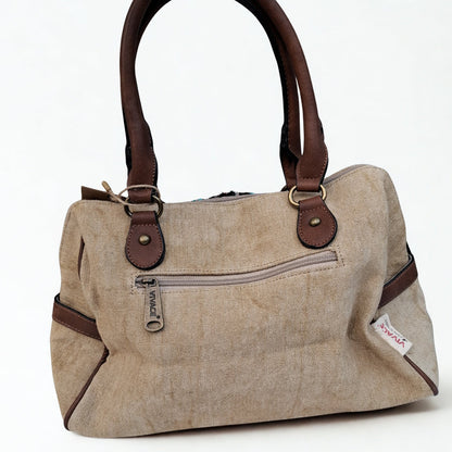 Vivace Handbag: KHAKI canvas handbag with BOHEMIAN ART and PU LEATHER DETAIL