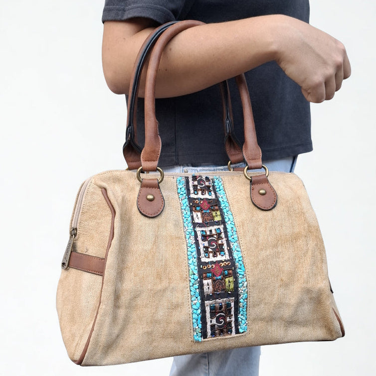 Vivace Handbag: KHAKI canvas handbag with BOHEMIAN ART and PU LEATHER DETAIL