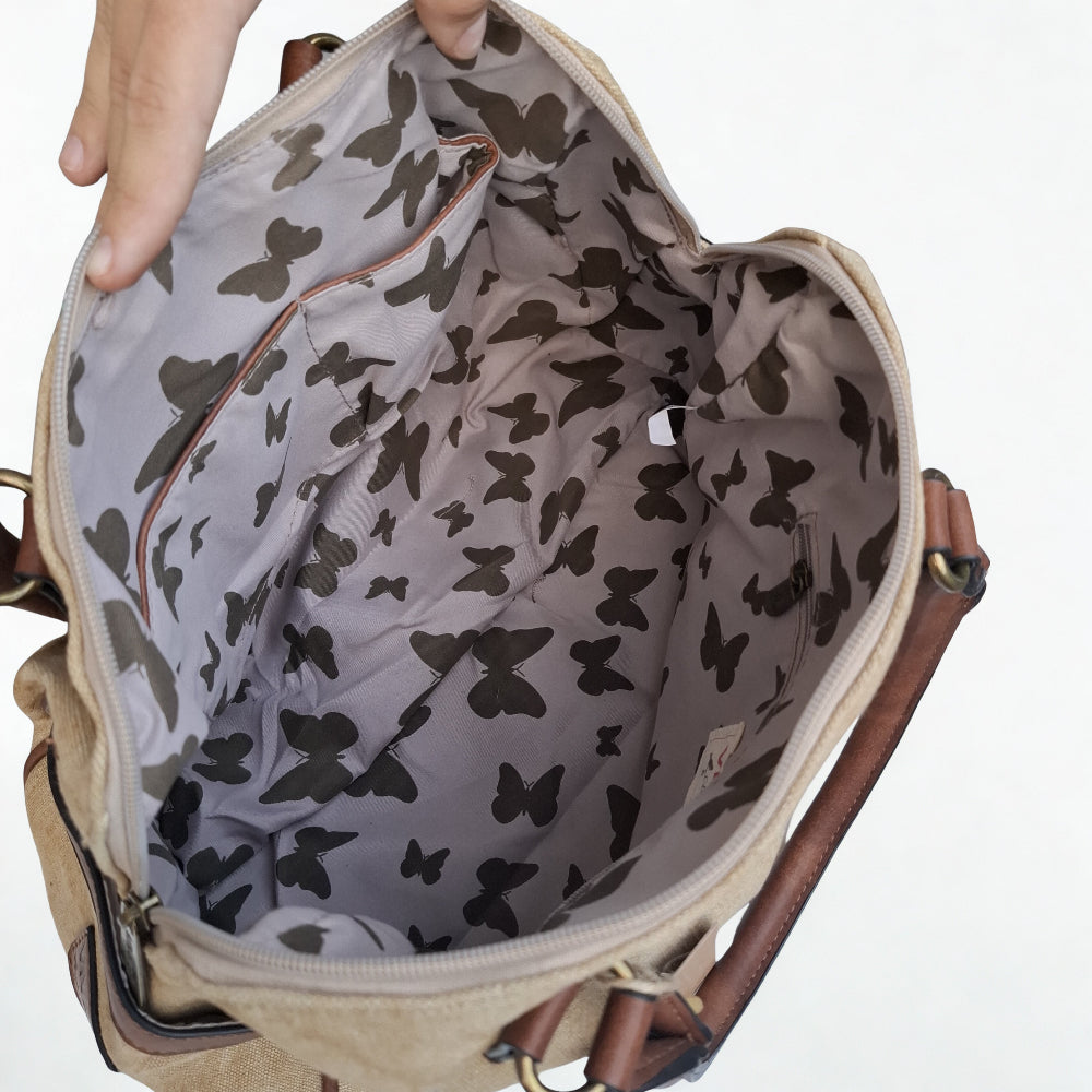 Vivace Handbag: KHAKI canvas handbag with BOHEMIAN ART and PU LEATHER DETAIL