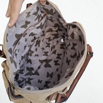 Vivace Handbag: KHAKI canvas handbag with BOHEMIAN ART and PU LEATHER DETAIL