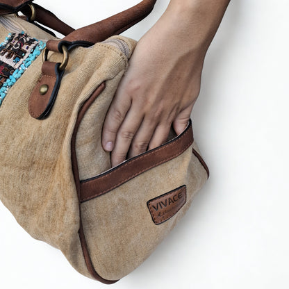 Vivace Handbag: KHAKI canvas handbag with BOHEMIAN ART and PU LEATHER DETAIL