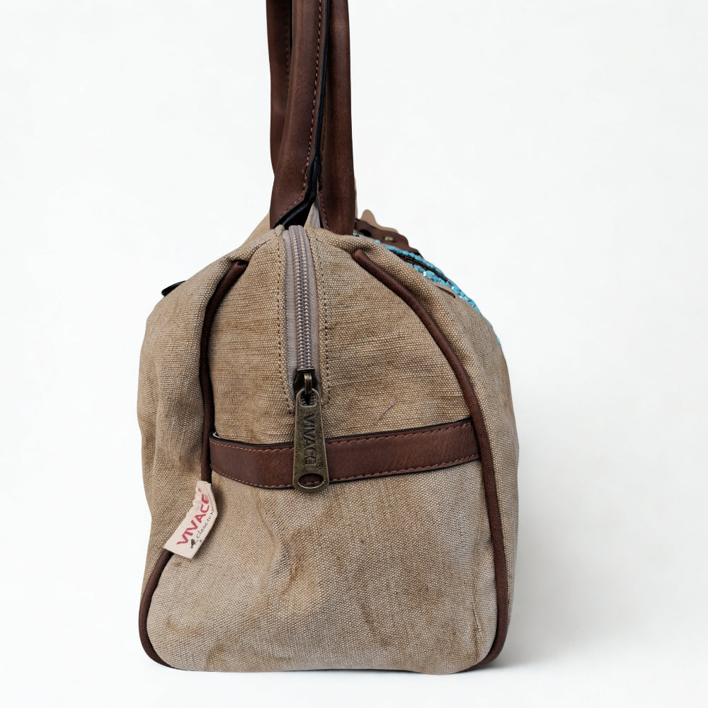 Vivace Handbag: KHAKI canvas handbag with BOHEMIAN ART and PU LEATHER DETAIL