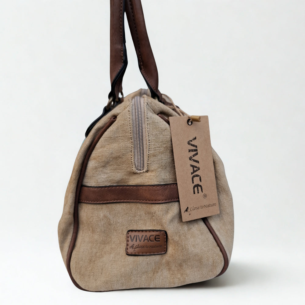 Vivace Handbag: KHAKI canvas handbag with BOHEMIAN ART and PU LEATHER DETAIL