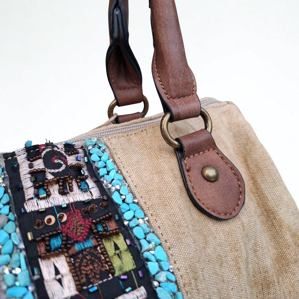 Vivace Handbag: KHAKI canvas handbag with BOHEMIAN ART and PU LEATHER DETAIL