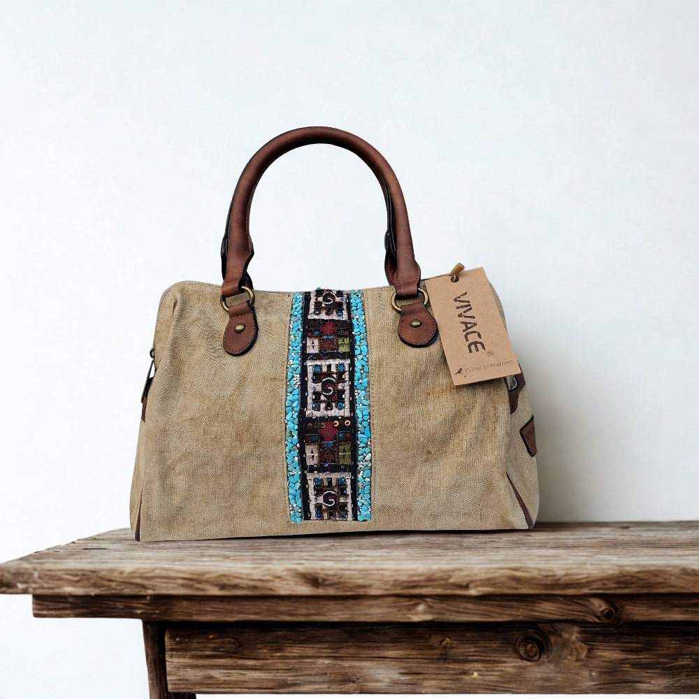 Vivace Handbag: KHAKI canvas handbag with BOHEMIAN ART and PU LEATHER DETAIL