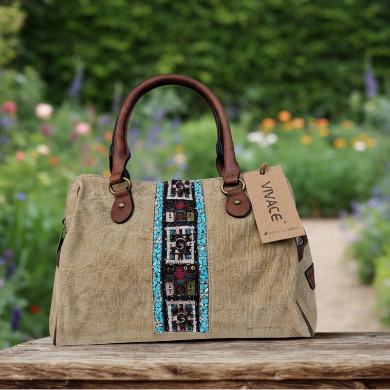 Vivace Handbag: KHAKI canvas handbag with BOHEMIAN ART and PU LEATHER DETAIL