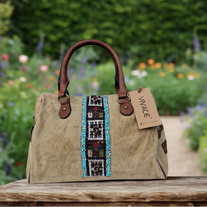 Vivace Handbag: KHAKI canvas handbag with BOHEMIAN ART and PU LEATHER DETAIL